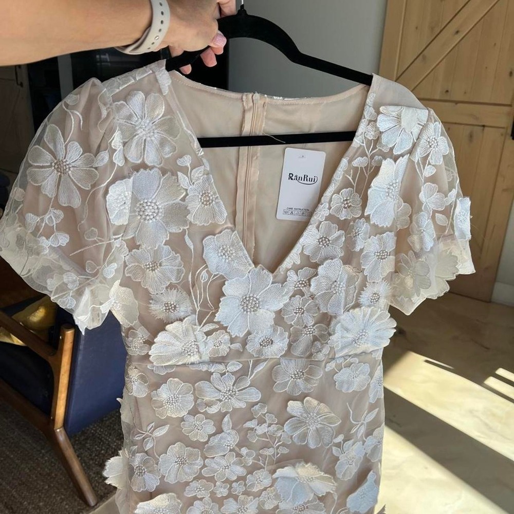 RanRui Cream Lace Floral Embroidered Dress Cottage Core Sz S